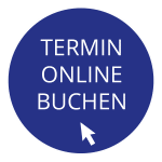 Button "Termin online buchen" mit Mauszeiger-icon.